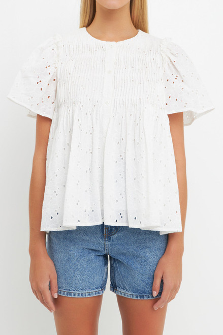 White Pleated Eyelet Top