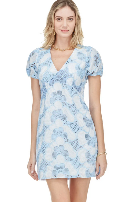 Blue Embroidered Vneck Empire Dress