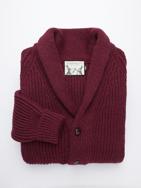 Men's Burgundy Red  Shawl Neck Wool Chunky Cardigan