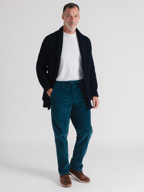 Men's Blue Needlecord Corduroy Drawstring Waist Trousers On Model Men's Blue Needlecord Corduroy Drawstring Waist Trousers On Model