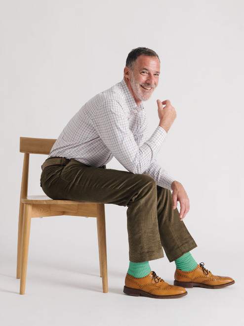 Men's Moss Green Cotton Corduroy Trousers On Model Men's Moss Green Cotton Corduroy Trousers On Model