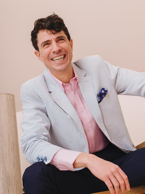 Men's Blue and White Stripe Seersucker Jacket On Model