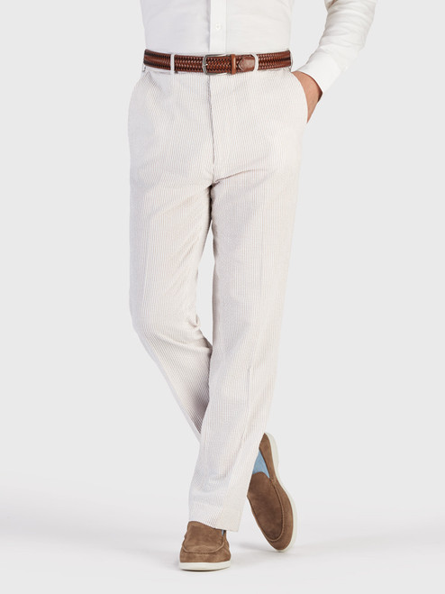 Men's Beige & White Seersucker Suit Trousers on model Men's Beige & White Seersucker Suit Trousers on model