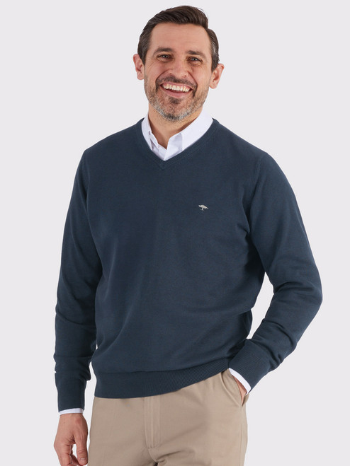 Men's Navy Fynch-Hatton Superfine Cotton V Neck Sweater