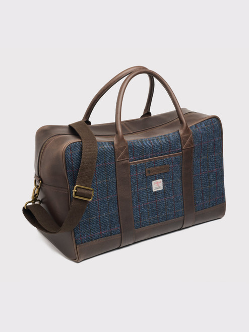 Blue Harris Tweed & Leather Holdall Front Blue Harris Tweed & Leather Holdall Front