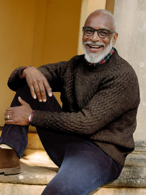 Undyed Brown wool aran jumper On model