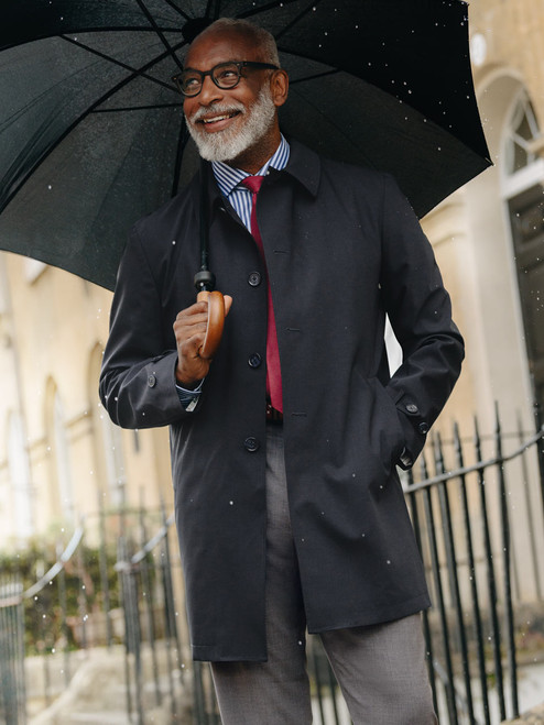 Men's Navy Luxury Wool Blend Mac Coat On Model