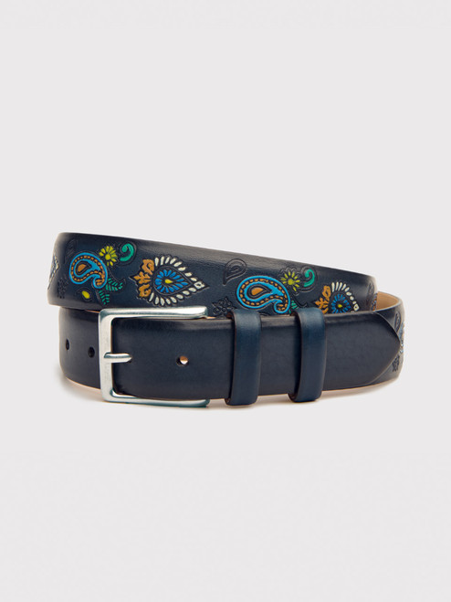 Navy Paisley Hand Painted Leather Belt Curled Navy Paisley Hand Painted Leather Belt Curled