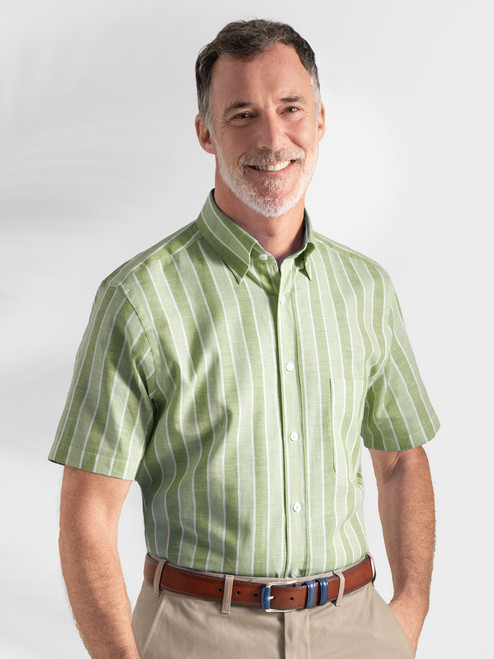 Green Cotton & Linen Short Sleeve Stripe Shirt Model