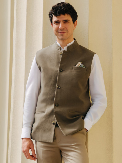Men's Loden Green Nehru Collar Moleskin Gilet Model
