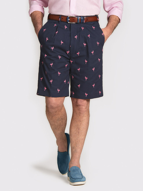 Flamingo Embroidered Cotton Pleated Shorts