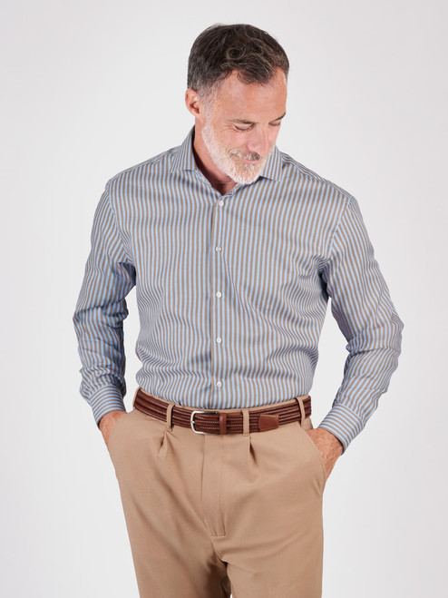 Blue Brown Stripe Seidensticker Shirt on model