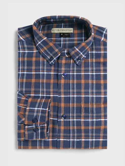 Mens Navy Brushed Check Shirt Folded