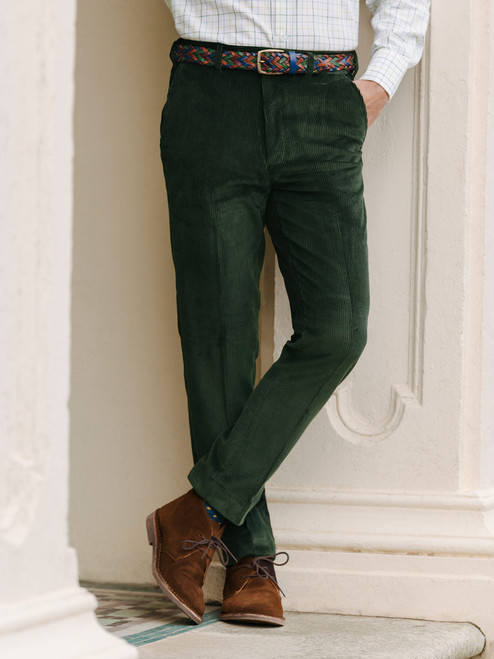Mens Pine Tapered Corduroy Trousers On Model Closeup
