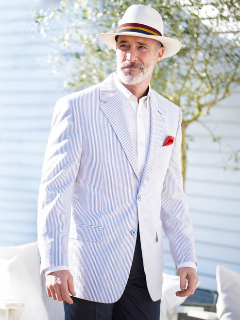 Men's Blue White Red Stripe  Seersucker Jacket on Model Men's Blue White Red Stripe  Seersucker Jacket on Model