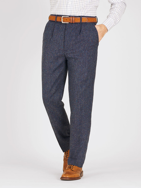 Model wears Blue Fine Donegal Tweed Trousers Model wears Blue Fine Donegal Tweed Trousers