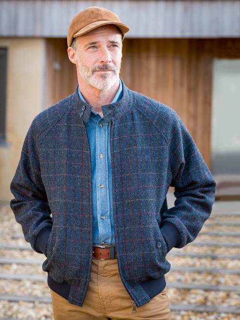 Model wears Navy Harris Tweed® Harrington Jacket Model wears Navy Harris Tweed® Harrington Jacket