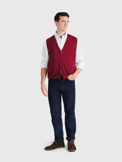 Men's Wine Merino Wool Waistcoat Vest On Model