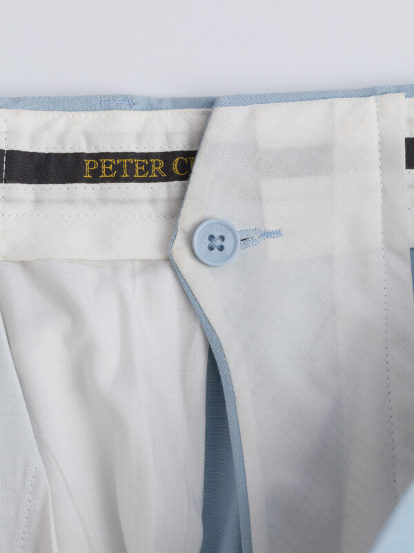 Close Up of Sky Blue Flat Front Chino Trousers French Bearer