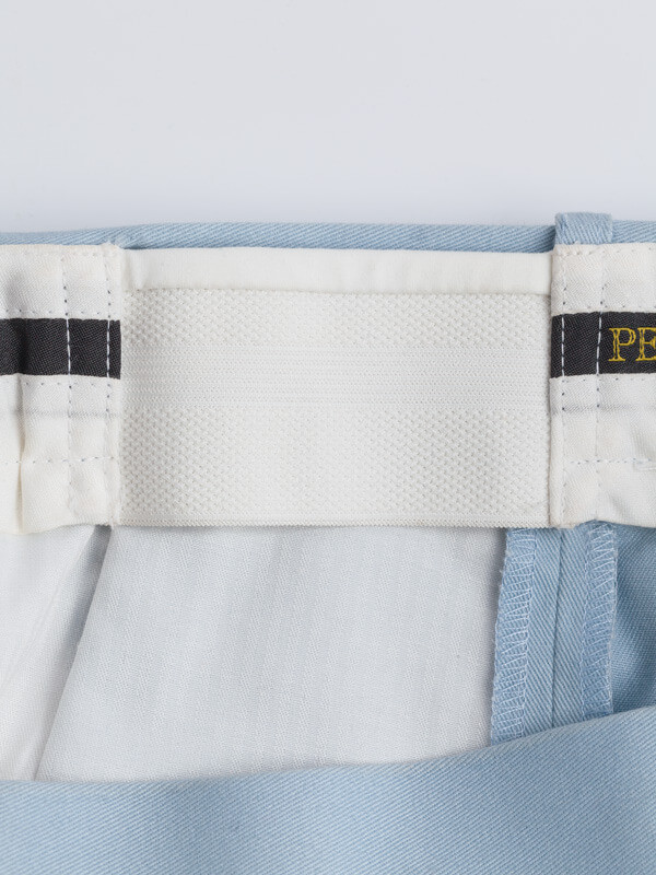 Close Up of Sky Blue Flat Front Chino Trousers Expanding Waistband