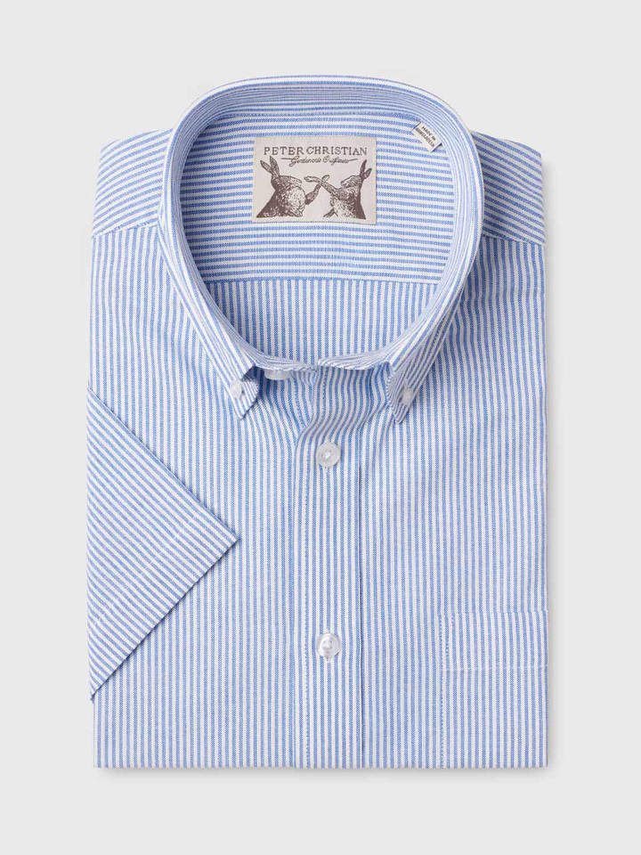 Men's Blue Stripe Cotton Short Sleeve Shirt