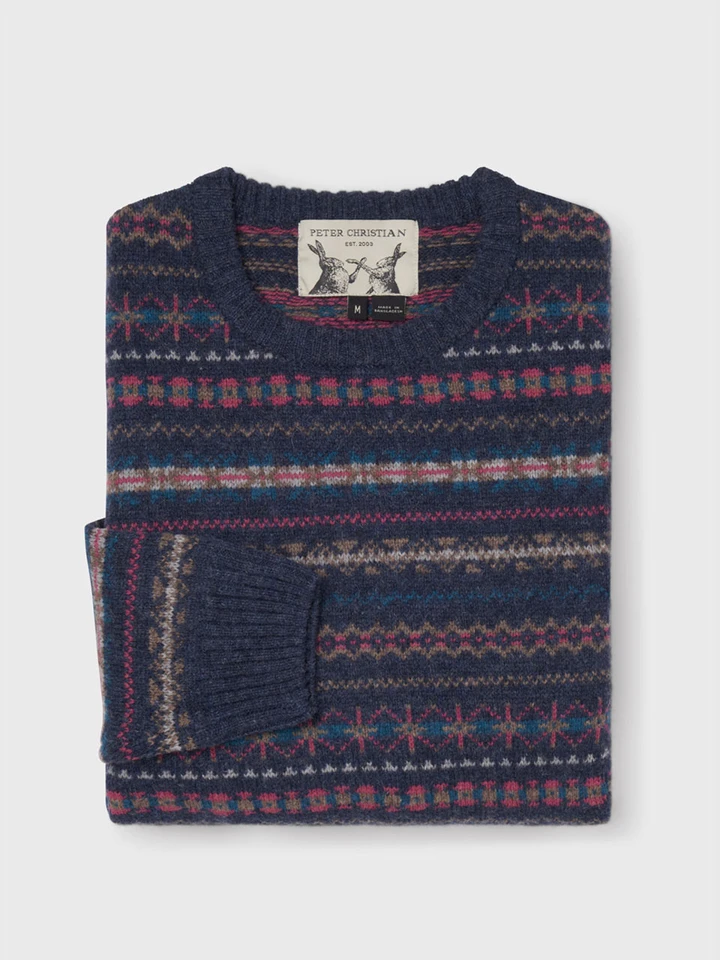 Men's Navy Blue Fairisle Crew Neck Sweater