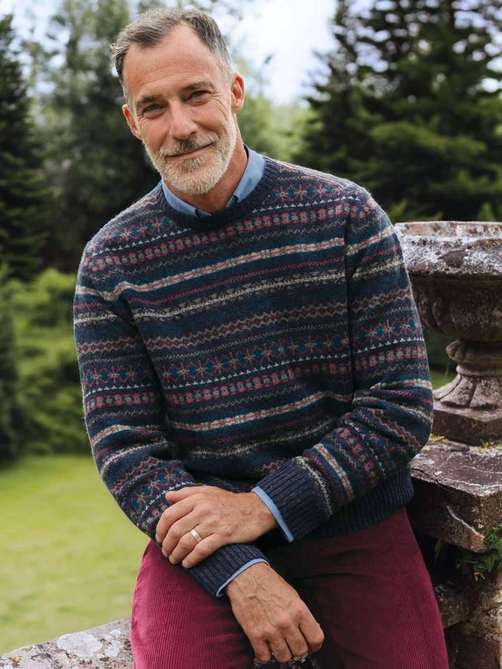 Mens Navy Fairisle Crew Neck Sweater on Model