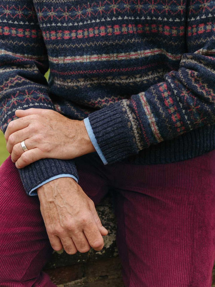 Mens Navy Fairisle Crew Neck Sweater on Model