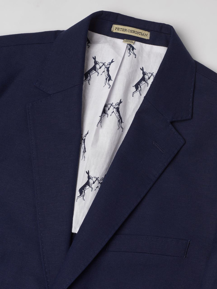 Collar of Men's Navy Blue Linen and Cotton Suit Jacket