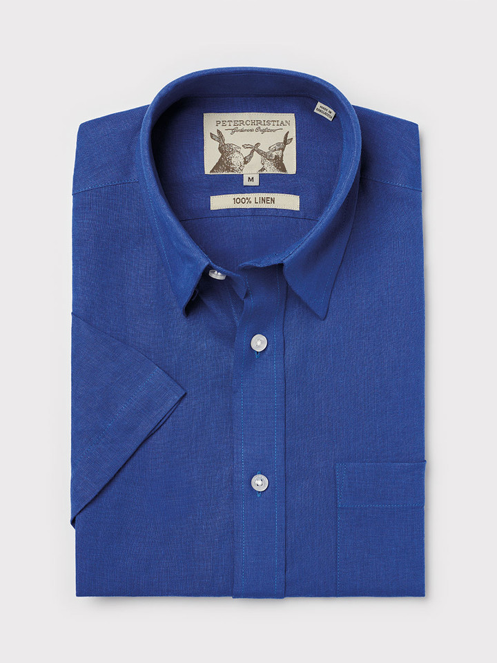 Men's Blue 100% Linen Short Sleeve Shirt