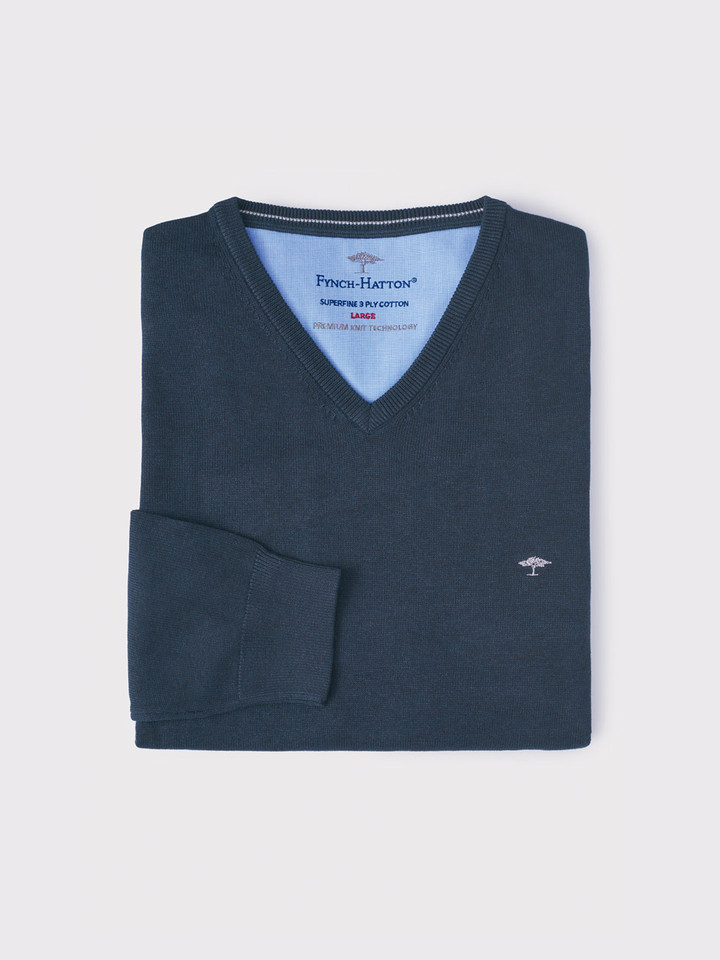 Men's Navy Fynch-Hatton Superfine Cotton V Neck Sweater