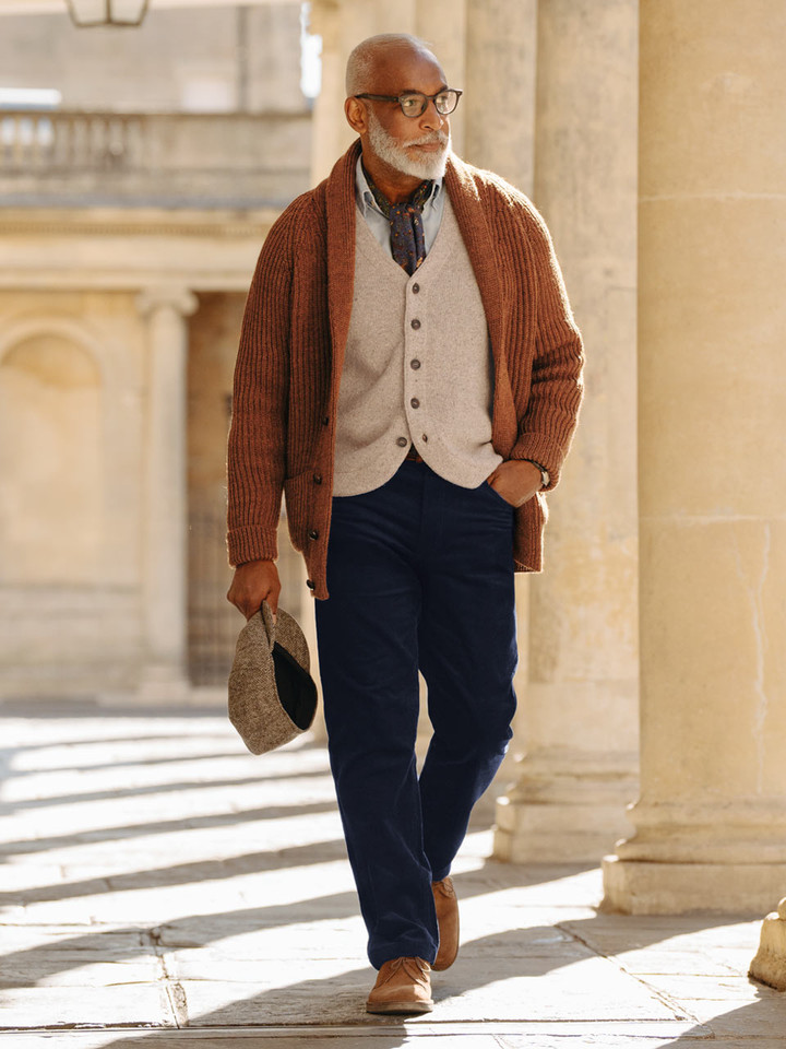Men's Cinnamon Shawl Neck Cardigan On Model