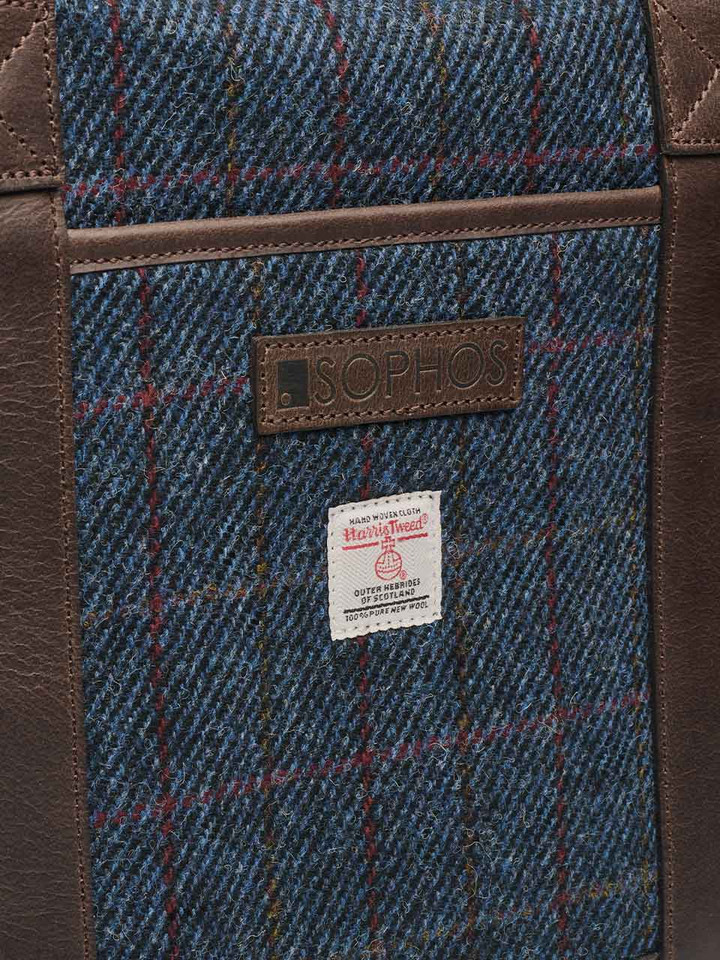 Blue Harris Tweed & Leather Holdall Label Detail
