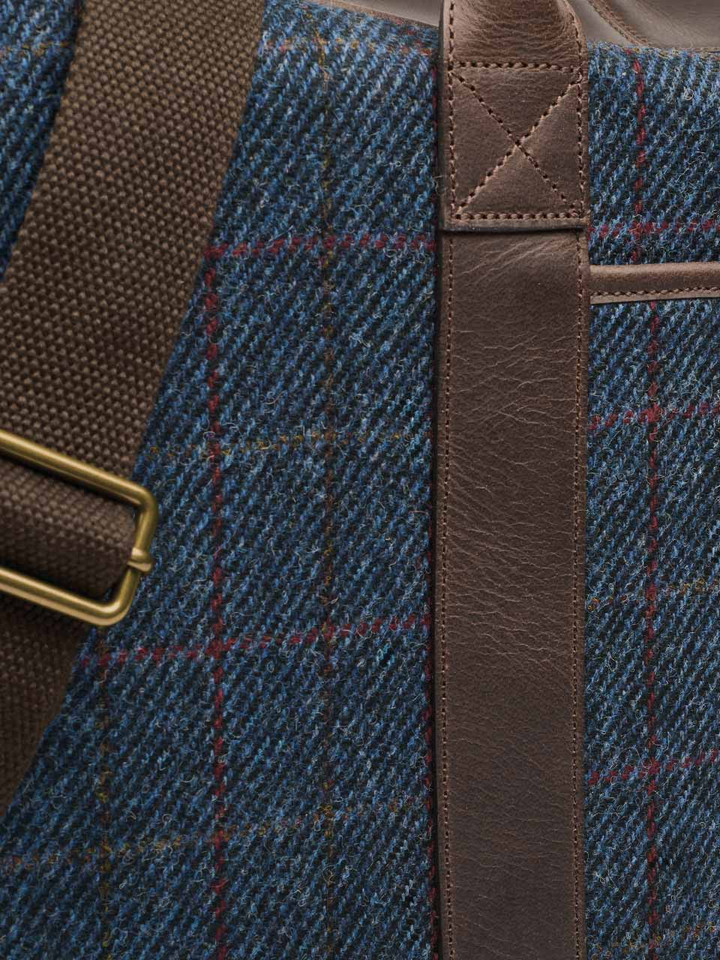 Blue Harris Tweed & Leather Holdall Close Up