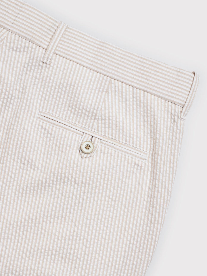 Beige and White Striped Seersucker Shorts Buttoned Pockets