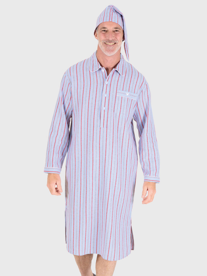Mens Blue & Red Stripe Flannel Nightshirt with Night Cap on Model