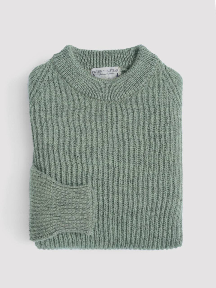 Sage Green Pure Wool Ribbed Fisherman Jumper Folded