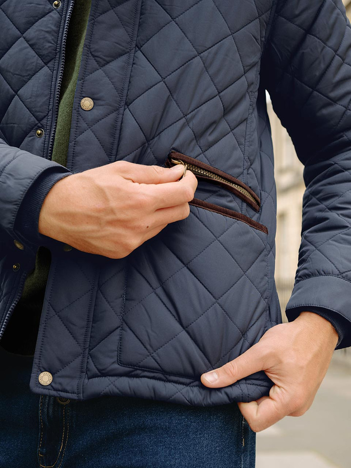 Men's Navy Blue Quilted Coat Pocket On Model