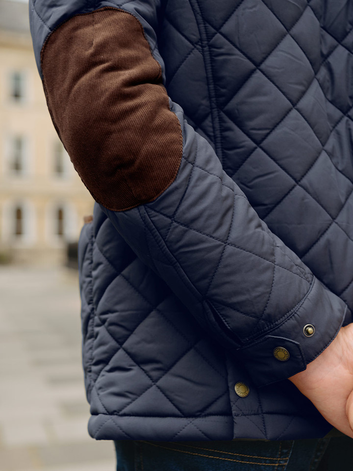 Men's Navy Blue Quilted Coat Elbow Patch Detail