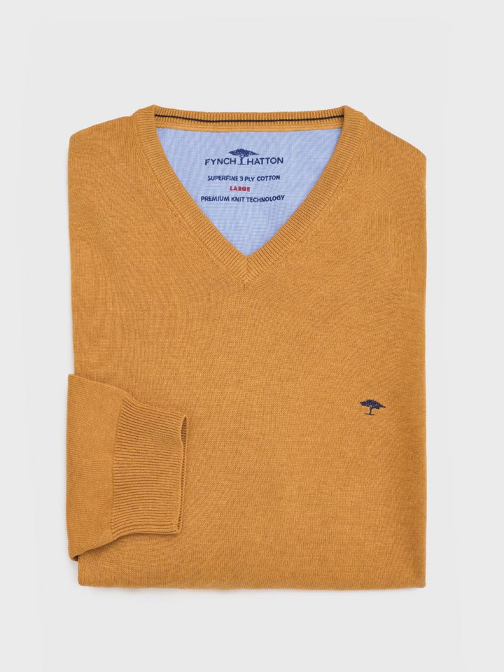 Mustard Yellow Fynch-Hatton Superfine Cotton V Neck Sweater Folded