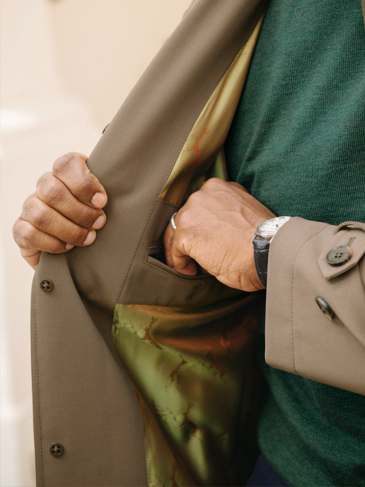 Men's Sand Luxury Wool Blend Mac Coat Lining Detail