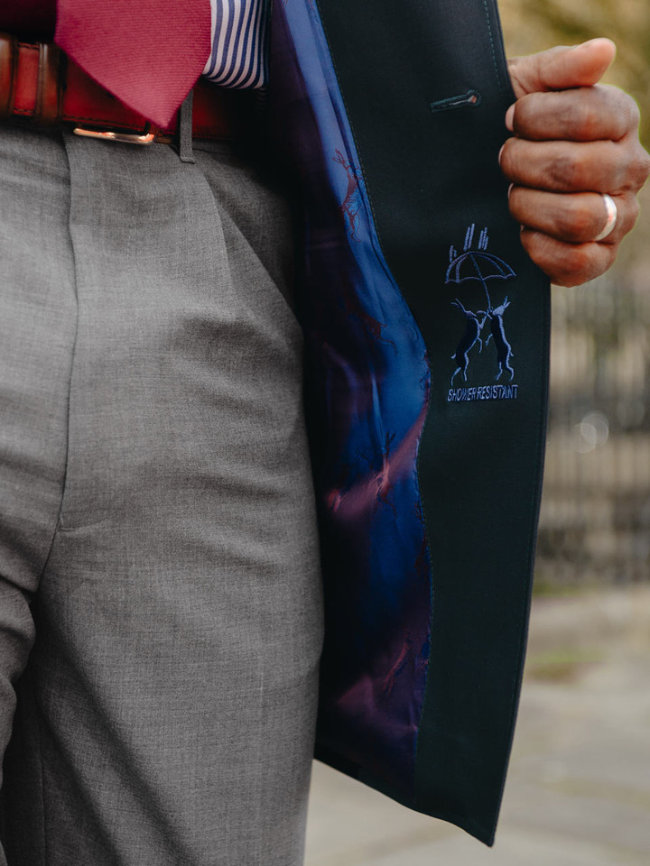 Men's Navy Luxury Wool Blend Mac Coat On Model Lining and Detail