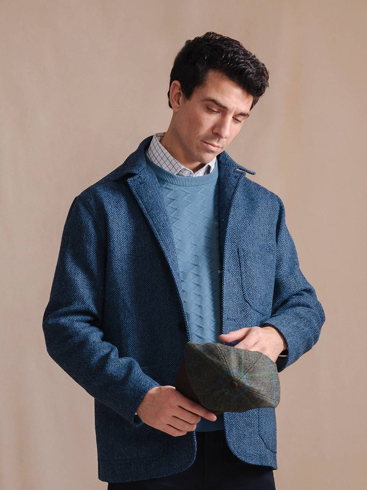 Blue ZigZag Cotton Crew Jumper On Model