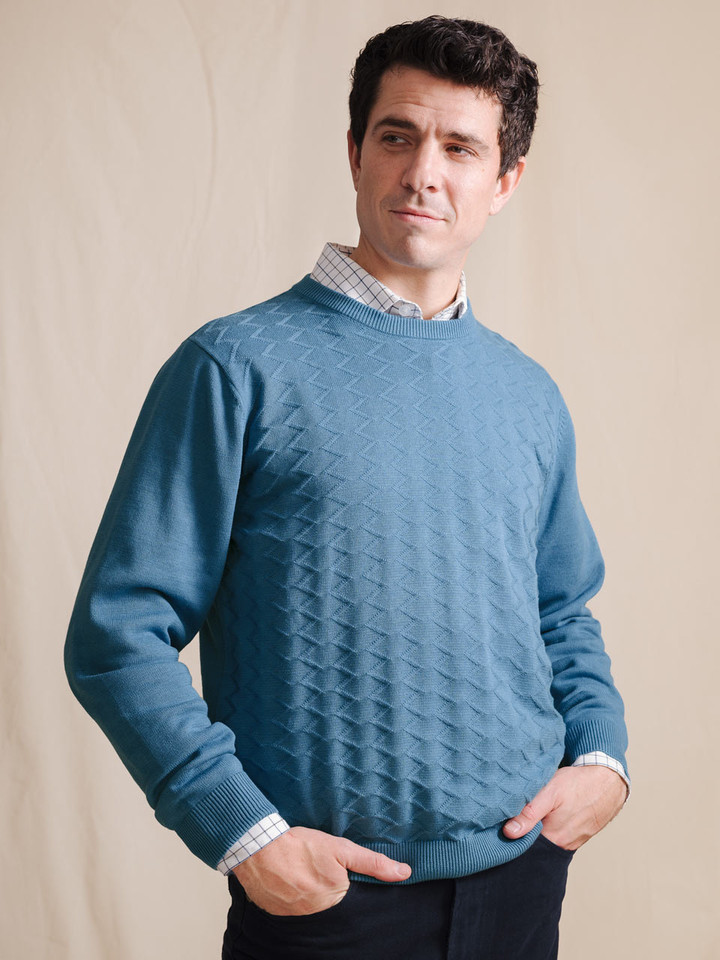 Blue ZigZag Cotton Crew Jumper On Model