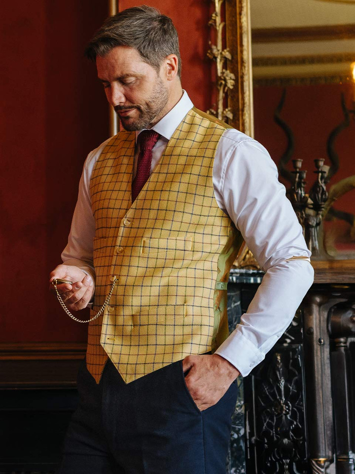 Mens Wool and Silk Tattersall Waistcoat on Model