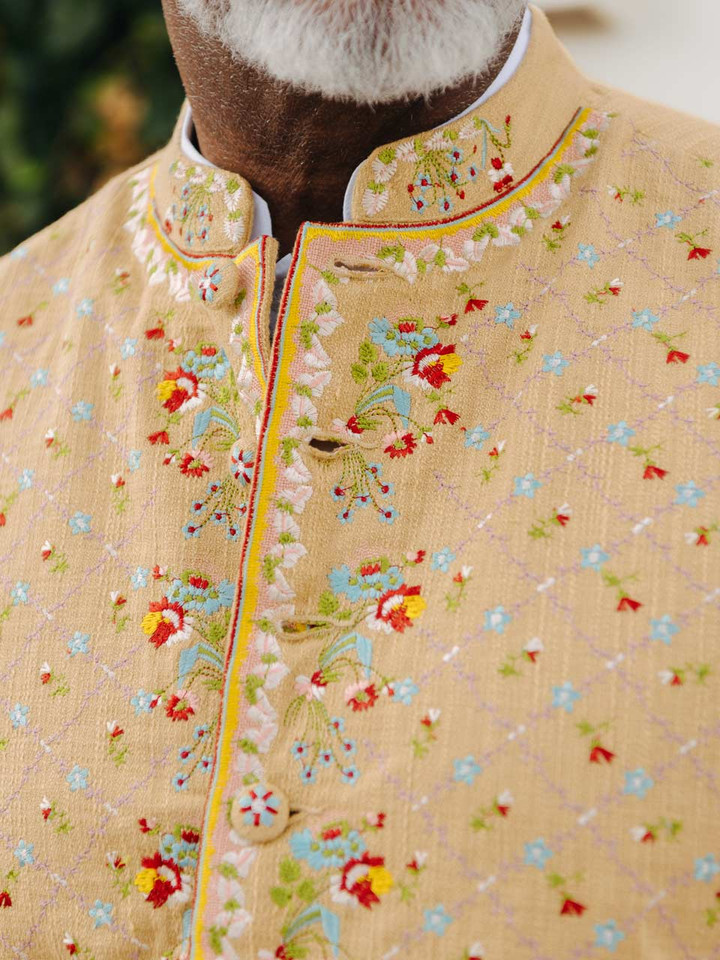 Mens Embroidered Regency Nehru Waistcoat on Model Closeup Collar