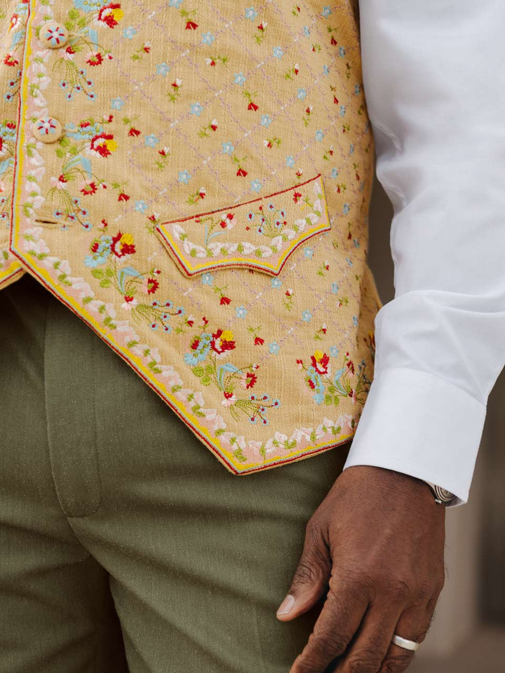 Mens Embroidered Regency Nehru Waistcoat on Model Closeup