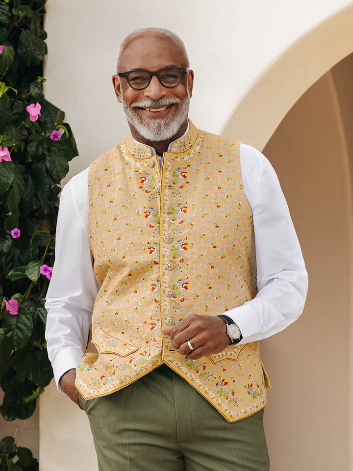 Mens Embroidered Regency Nehru Waistcoat on Model