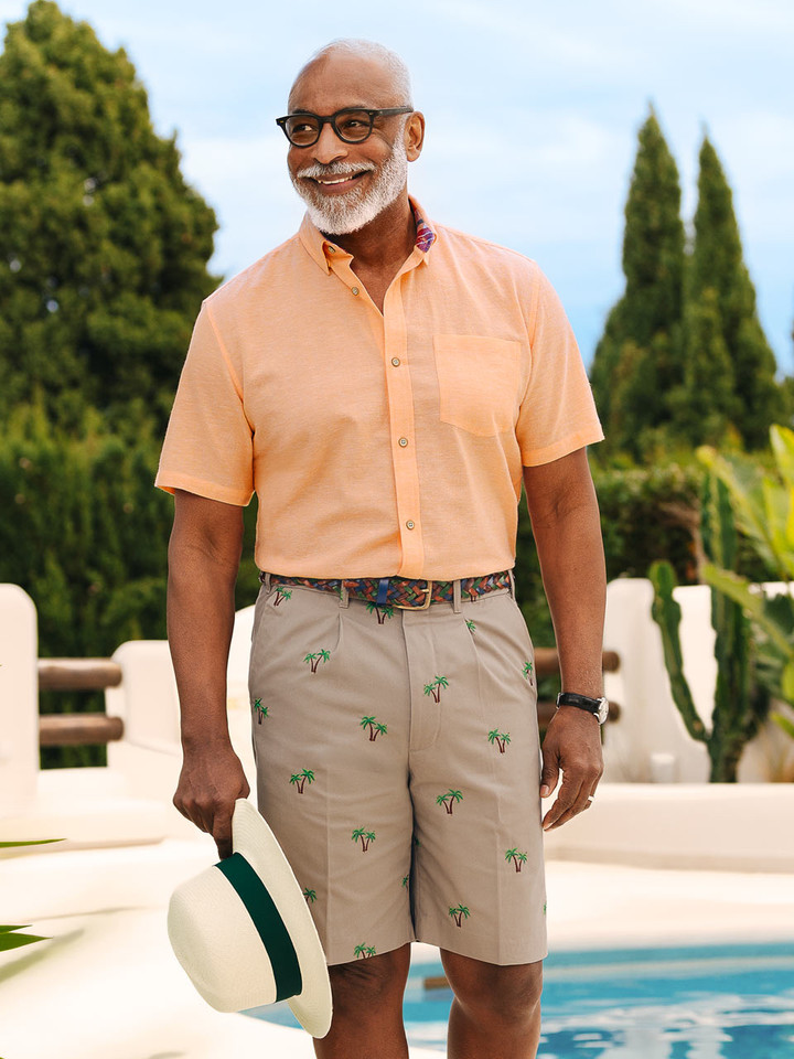 Men's Apricot Short Sleeve Linen and Cotton Shirt On Model