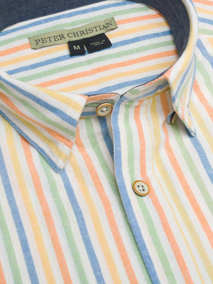 Men's Striped Short Sleeve Linen and Cotton Shirt Collar close-up